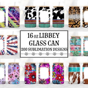 May include: 200 sublimation designs for 16 ounce Libbey glass cans. The designs feature a variety of patterns, including animal prints, floral patterns, and geometric designs.