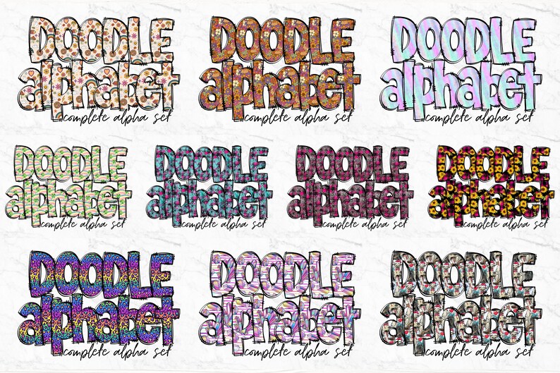 Pu&ograve; includere: Nove disegni digitali colorati della frase "DOODLE alphabet complete alpha set" con diversi motivi e colori.