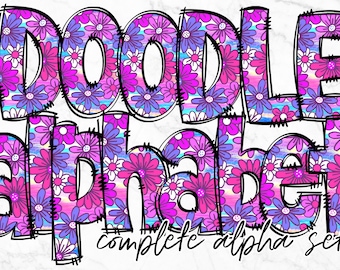 Floral Doodle Alphabet PNG, Alphabet Letters PNG Bundle, Hand Drawn Doodles, Sublimation Alpha Set Designs PNG , Sublimation Alphabet