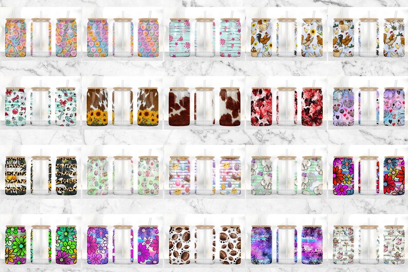 Puede incluir: Veinticuatro dise&ntilde;os diferentes de vasos reutilizables con tapas y pajitas de bamb&uacute;. Los vasos son de vidrio transparente con patrones coloridos en el exterior. Los patrones incluyen corazones, flores, animales y dise&ntilde;os abstractos.