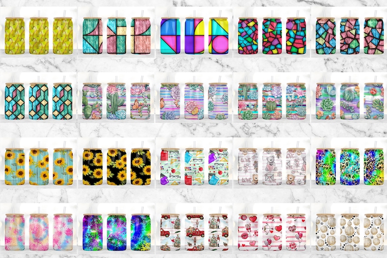 May include: Twenty different designs for sublimation tumblers. The designs include stained glass, cacti, sunflowers, school supplies, tie dye, and more. The tumblers are all white with a black lid and a straw.
