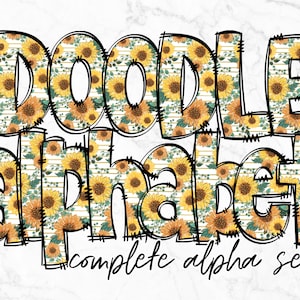 Alfabeto de Doodle de Girassol PNG, Pacote de Letras do Alfabeto PNG, Doodles Desenhados à Mão, Conjuntos Alfa de Sublimação PNG, Alfabeto de Sublimação