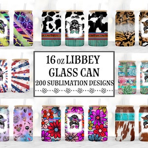 May include: A collection of 16 ounce glass can sublimation designs. The designs feature various patterns, including cow print, leopard print, floral, and geometric patterns. The text "16 oz LIBBEY GLASS CAN 200 SUBLIMATION DESIGNS" is displayed in the center of the image.