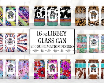 May include: A collection of 16 ounce glass can sublimation designs. The designs feature various patterns, including cow print, leopard print, floral, and geometric patterns. The text "16 oz LIBBEY GLASS CAN 200 SUBLIMATION DESIGNS" is displayed in the center of the image.