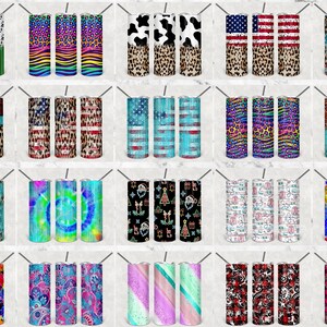 May include: Twenty different designs of stainless steel tumblers with various patterns and colors. The tumblers are arranged in a grid of four rows and five columns.