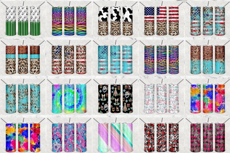 May include: Twenty different designs of stainless steel tumblers with various patterns and colors. The tumblers are arranged in a grid of four rows and five columns.