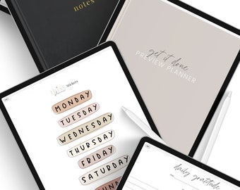 May include: A collection of digital planners and stickers displayed on tablets. One tablet shows the word "notes" in gold lettering. Another displays "get it done PREVIEW PLANNER". A third tablet shows daily gratitude prompts.