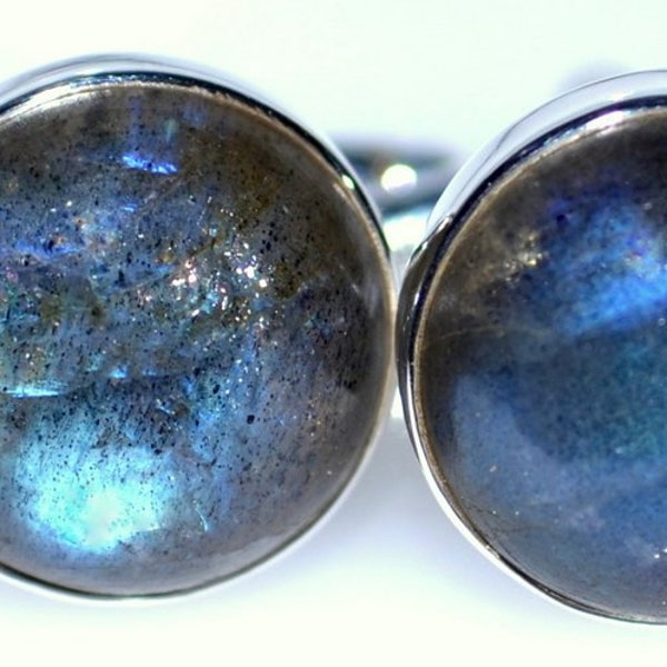Natural Blue Labradorite Round Gemstones set Men's Solid Sterling Silver Cufflinks, Gender Neutral Jewellery Accessory, Handmade Boxed Gifts
