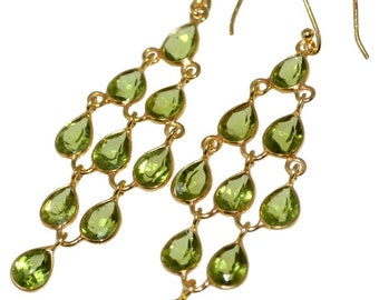 Natural Peridot and Gold Chandelier Drop Earrings for Women. Green Multi Gemstone Gold Plated Sterling Silver earring statement Jewellery