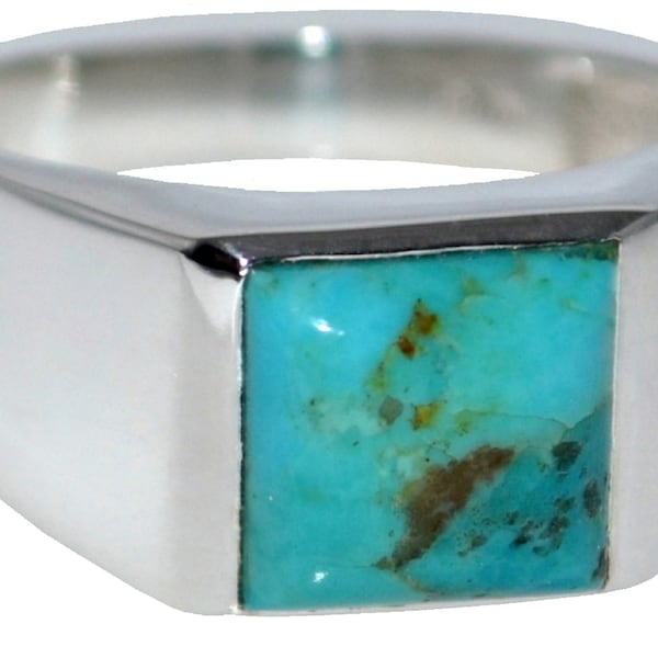 Sterling Silver Blue Turquoise Ring, Real Gemstone, Classic Signet Ring, Mens Jewellery, December Birthstone, Feroza Stone