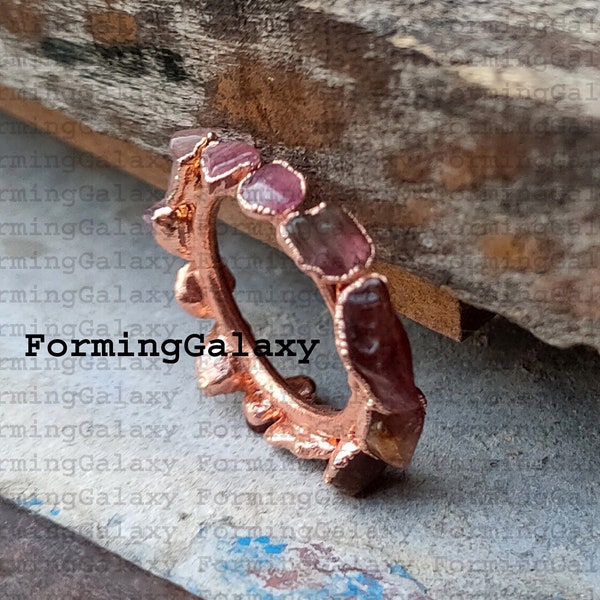 Natural Multi Tourmaline Ring, Raw Stone Ring, Electroformed Ring, Copper Ring, Gemstone Ring, Birth Stone ring, Statement Ring Gift For Her