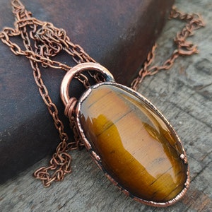 Tigers Eye Electroformed Necklace, Copper Electroformed Pendant, Protection Amulet, Men's Copper Crystal Statement Necklace, chain jewelry