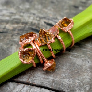 Puede incluir: Una colección de anillos de color cobre, cada uno con una gema en bruto de color ámbar. Las gemas tienen una forma natural e irregular y están engastadas en delicadas bandas de metal retorcido. Los anillos se exhiben sobre un tallo verde sobre un fondo borroso.