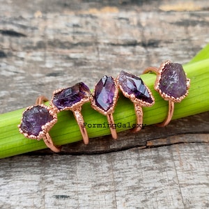 以下が含まれることがあります： 原石アメジストの宝石が付いた、銅色のリングが5つ。アメジストの結晶は様々な形と紫の色合いをしています。リングは、木製の背景に緑色の茎の上に展示されています。「FormingGalaxy」の文字が見えます。