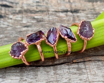 Raw Amethyst Ring, birthstone ring, Gemstone Electroforming Ring, Crystal Ring, Boho Ring, Copper Handmade Ring Antique Ring Gift For Women