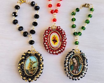 Car Rosary for mirror, Rosary with Embroidered Medal, Rosary car charm, Rear view mirror hanger, Catholic rosary, Car accessories, Dad gift