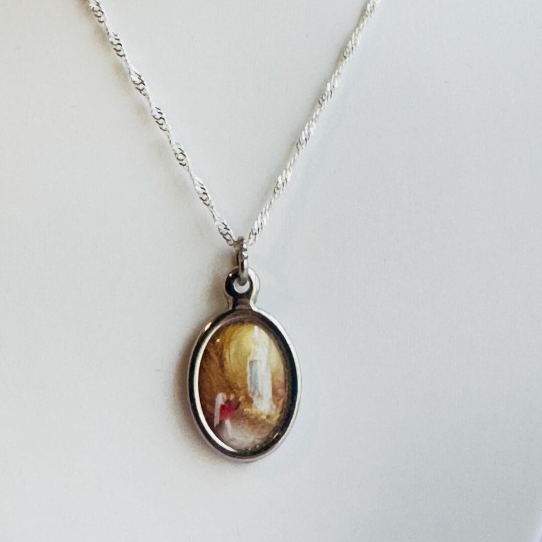 Our Lady of Lourdes Medal Necklace: Silver Plated Virgin Mary & St ...