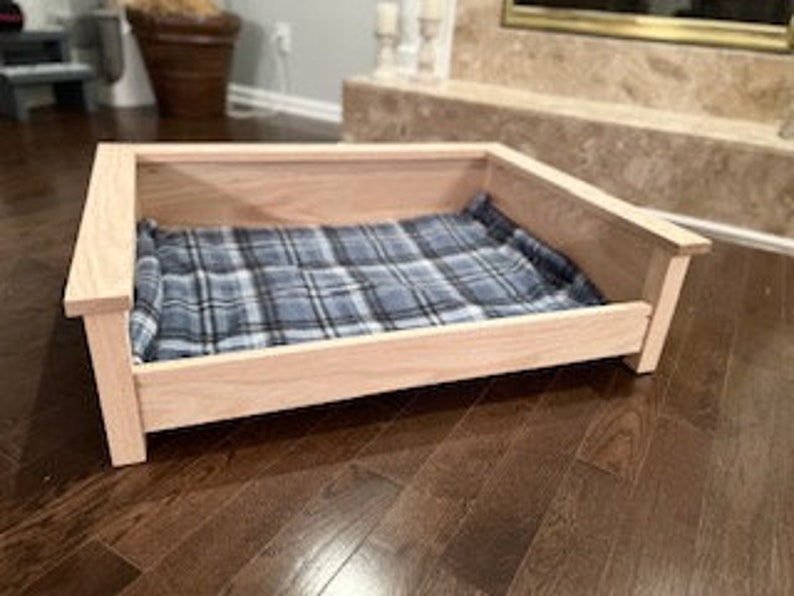 Craftsman Oak Platform Dog Bed With Plaid Blanket Not Etsy