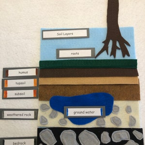 May include: A felt diagram showing the layers of soil. The layers are labeled from top to bottom: humus, topsoil, subsoil, weathered rock, and bedrock. The diagram also shows a tree with roots, ground water, and a blue puddle.