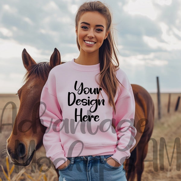 Pink Gildan 18000 Sweatshirt Mockup, Cowgirl Crewneck Sweater, Light Pink Sweatshirt, Mockup with Horses, Country Western Sweatshirt Mockups