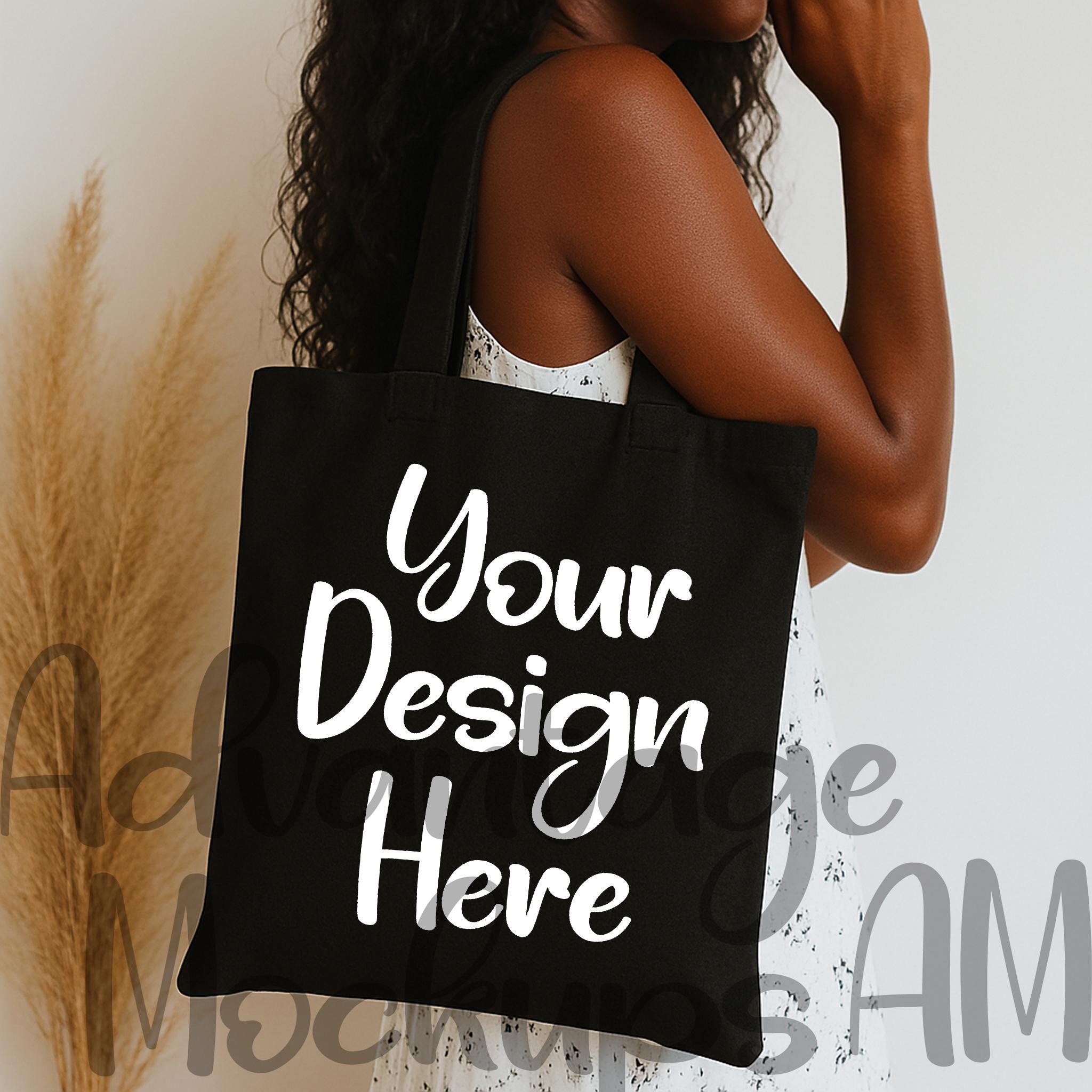 Black Canvas Tote Bag Mockup, Simple Tote Bag, Blank Reusable Bag Mock-Up, Customizable Bag Mock, Canvas Tote Bag Laptop, Black Shopping Bag