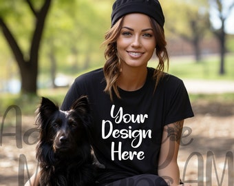 Black Bella Canvas 3001, Black T-Shirt Mockup, Woman Sitting on a Bench with Her Puppy at a Dog Park, Lifestyle Mockup with Dog, Puppy Love