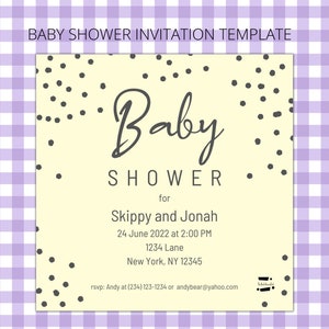 MODÈLE d'invitation de baby shower ! Carton jaune avec police/points gris. Élégant/moderne/minimaliste. Personnalisez, téléchargez, imprimez, découpez. Facile!