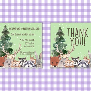 Baby Shower Uitnodiging SJABLOON met bijpassende bedankkaart! Bos-/boswezens/dieren. Envelopsjabloon inbegrepen. Personaliseerbaar!