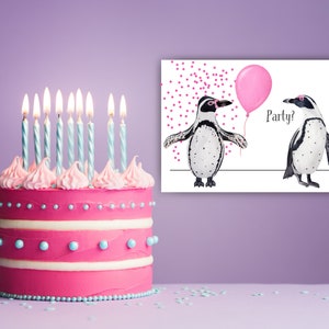 Cartão/modelo/convite de aniversário do pinguim! Download imediato. Enviar digitalmente ou por correio/modelo de envelope incluído. Para todos os amantes de animais/pássaros!