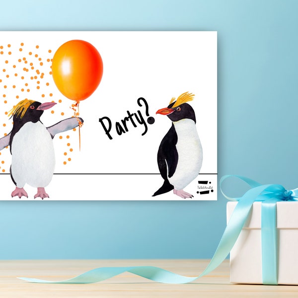 Penguin Birthday Invitation/Template. 5"x7" 13x18 cm. Instant download. Send digitally or by mail/Envelope template included. Birds unique!