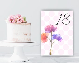 Wedding Table Number Card/flat 5"x7" or folded tent 4.5"x5.5"/Instant download and printable. Baby showers too! Blue/purple/orange flowers.