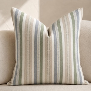 Handmade Striped Linen Pillow Cover, Cotton Cushion Case, Custom Size Lumbar & Square