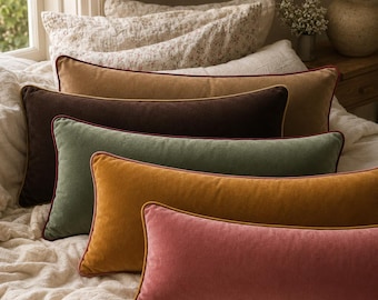 Extra Long Velvet Lumbar Pillow Cover with Contrast Piping, Custom Size for Bed