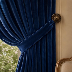 May include: A deep navy blue velvet curtain panel featuring vertical folds and a matching fabric tieback. The tieback is secured to the wall by a circular, ornate, antique brass-colored metal fixture with intricate embossed detailing.