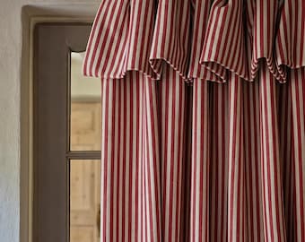 Red White Stripe Linen Curtains, Blackout Farmhouse Window Drapes, Custom Size Panels