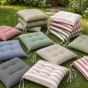 Custom Chair Cushions with Ties, Handmade Tufted Dining Chair Seat Pads, Made to Order