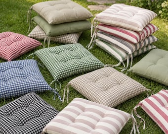 Custom Chair Cushions with Ties, Dining Chair Cushions, Tufted Seat Pads, Kitchen Chair Cushions, 100+ Fabric Options