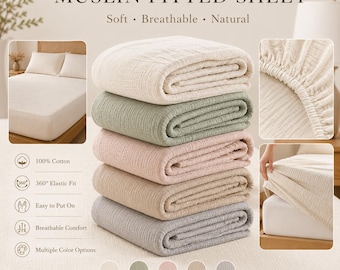 100% Cotton Muslin Fitted Sheet, Soft Cotton Gauze Bed Sheet, Breathable Deep Pocket Sheet, Crinkle Cotton Bedding, King Queen Twin