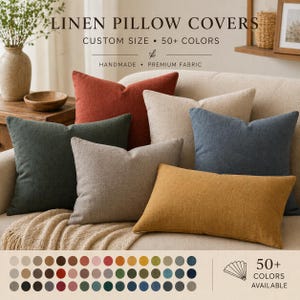 May include: A selection of linen pillow covers in different colours, arranged on a beige sofa. The image shows square and rectangular pillows in shades of rust, beige, blue, and gold. Text at the top reads "Linen Pillow Covers" and "Custom Size • 50+ Colours".