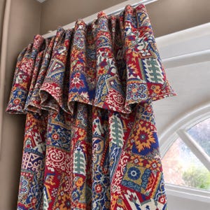 Ethnic Print Curtains with Flop Over Valance, Red and Navy, Custom Lined Drapes