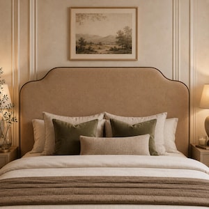 May include: A beige upholstered headboard with a curved top edge and dark brown piping. The bed features two large white pillows, two olive green square cushions, one beige rectangular lumbar pillow, and a brown quilted bed runner.