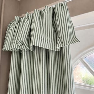 Sage Green Thin Striped Linen Blackout Curtain, Custom Lined Drapes with French Flop Ruffle Valance
