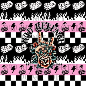 May include: A repeating pattern featuring dice, flames, cherries, and lightning bolts. The phrase "RAD REVENGE" is centered above a hand making a rock and roll gesture, with a rose and floral tattoos. The year "2024" is also present.