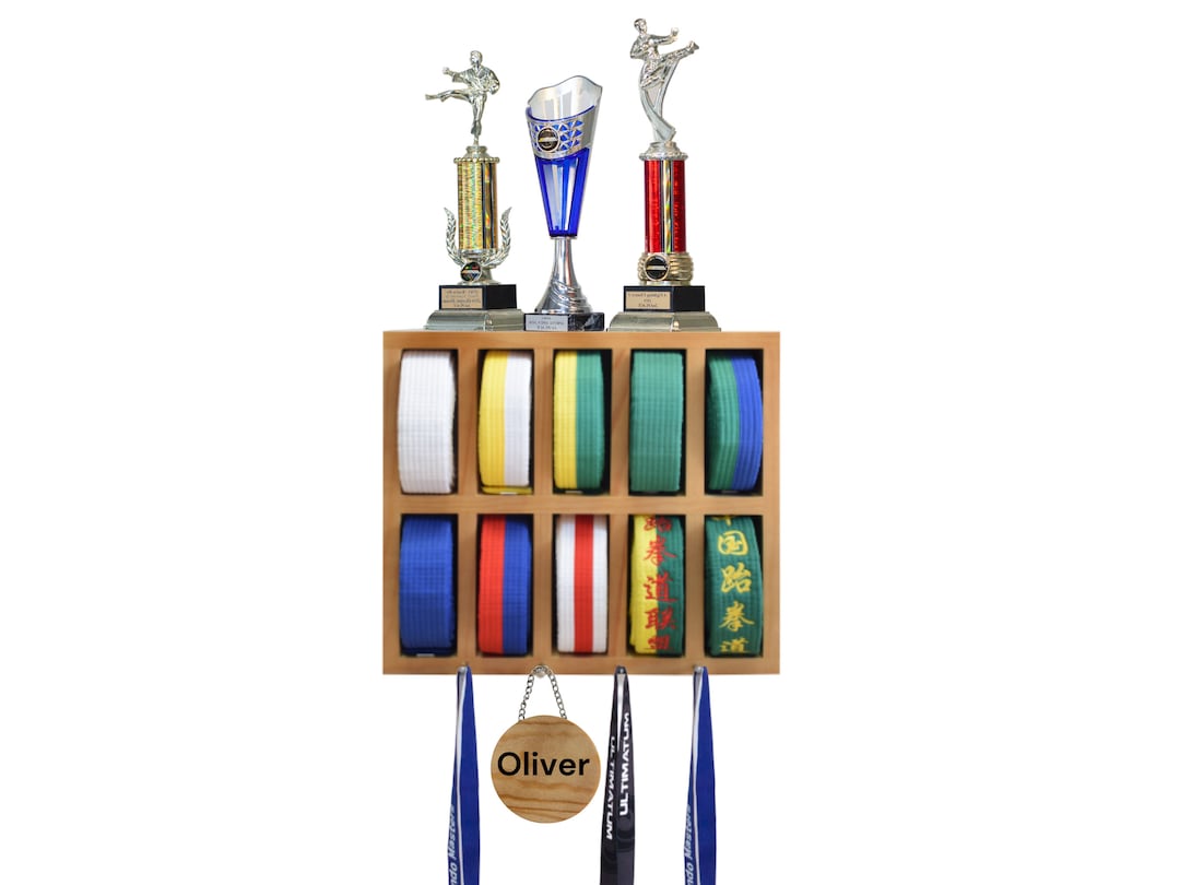 Karate Belt Display Rack 10 Belt, Taekwondo Belt Display and Martial Arts Belt Holder. Shelf for