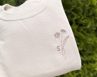 Birth Flower Initial Embroidered Sweatshirt | Personalized Floral Crewneck | Custom Birth Month Flower Gift