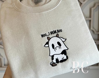 Embroidered Halloween Cow Sweatshirt, Moo I Mean Boo Pullover, Ghost Cow Crewneck, Cow Lover Gift