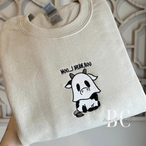 Embroidered Halloween Cow Sweatshirt, Moo I Mean Boo Pullover, Ghost Cow Crewneck, Cow Lover Gift