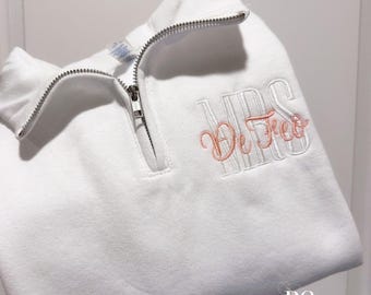 Custom Embroidered Mrs Sweatshirt: Personalized Bride Quarter Zip or Crewneck