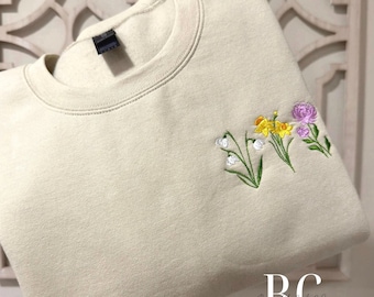Custom Birth Flower Sweatshirt | Embroidered Gift for Mom | Meaningful | Family Birthday Flowers | Friendship Gift