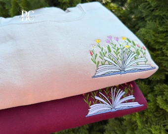 Embroidered Floral Book Sweatshirt: Bookworm Crewneck, Cozy Bibliophile Pullover, Gift for Readers